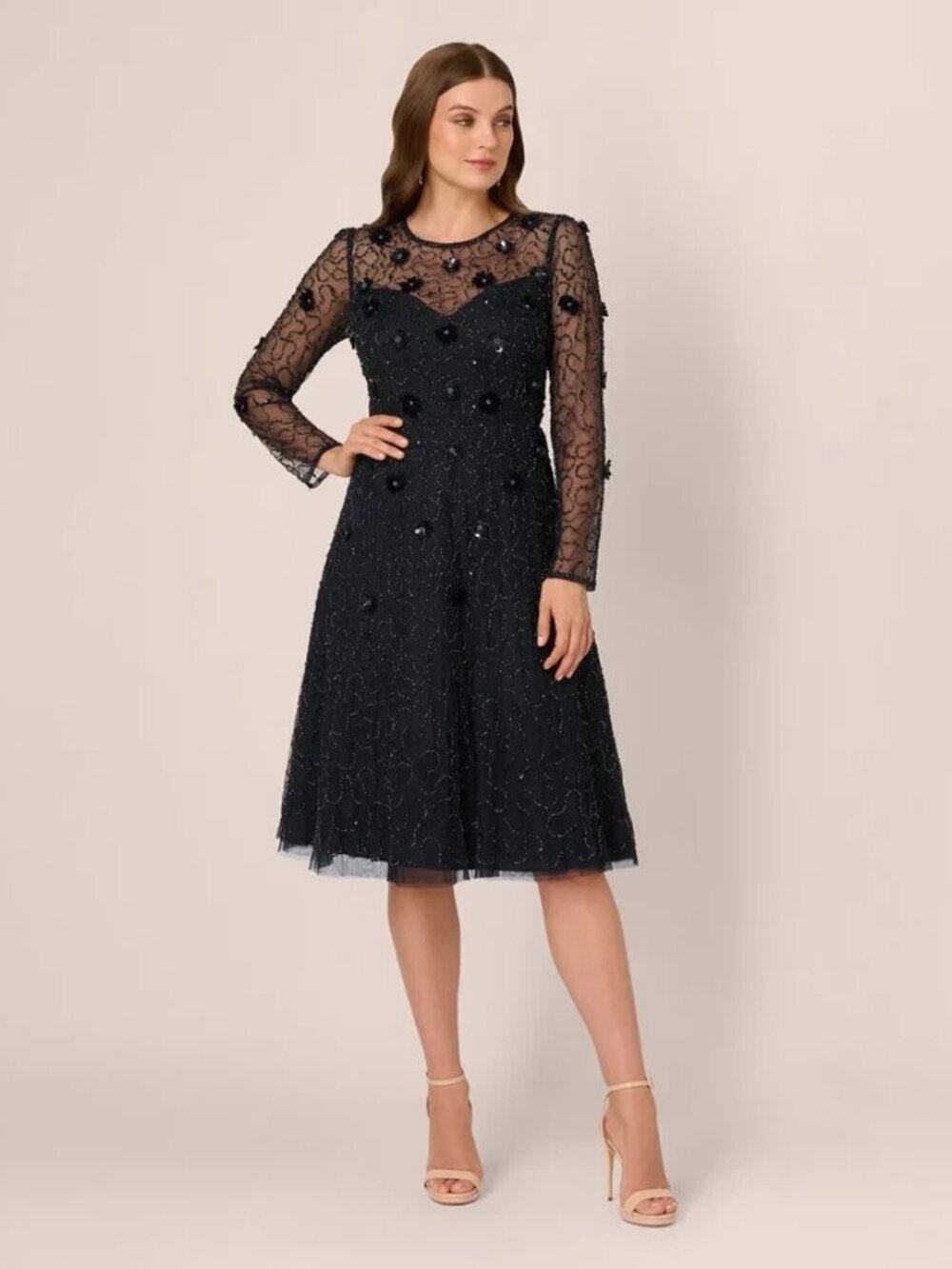 Adrianna Papell Midnight 3D Floral Beaded Long Sleeve Midi Dress